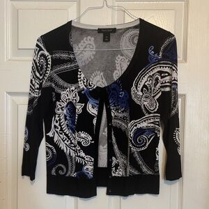 White House Black Market Black and Blue Paisley Cardigan